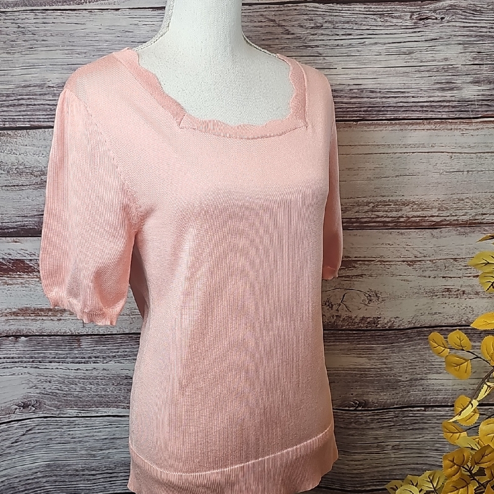 NWT CABLE & GUAGE PINK SHORT PUFF SLEEVE SQUARE SCALLOPED NECK PULLOVER SWEATER